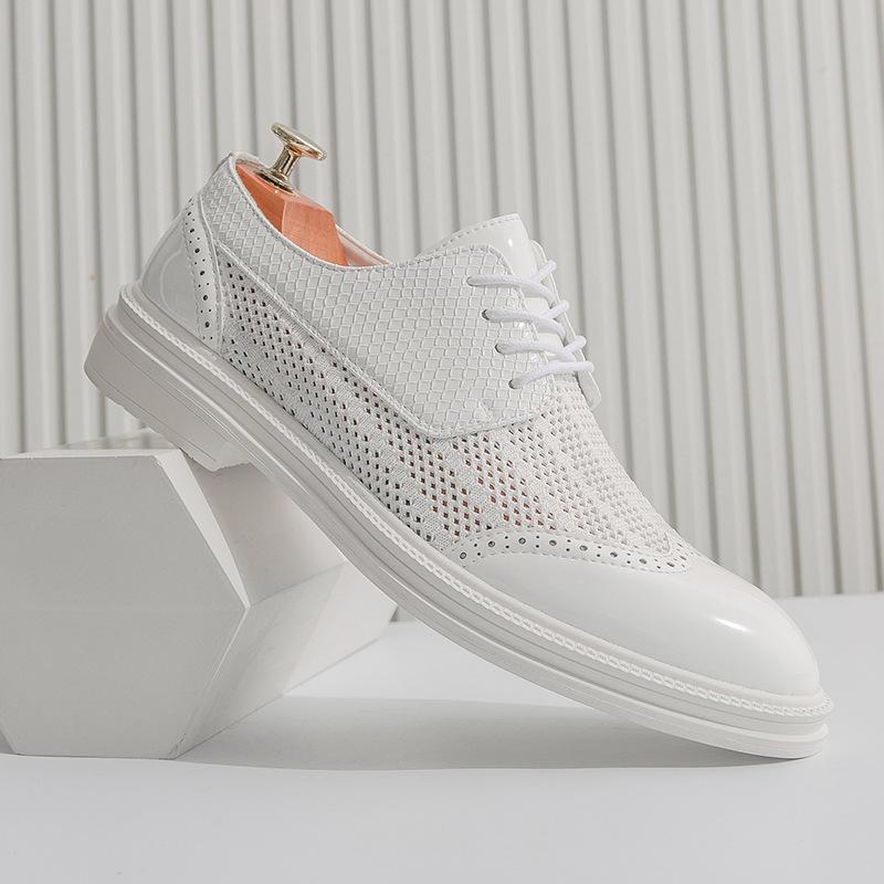 Summer British White Brock Men's Casual Leather Shoes Pointed Hollow Men's Business Trend Mesh Hole Leather Shoes