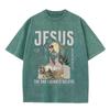 2026 Vintage Washed Black Jesus Portrait Graphic T Shirt Retro Faith Letter Print Oversized Casual Short Sleeve Tee