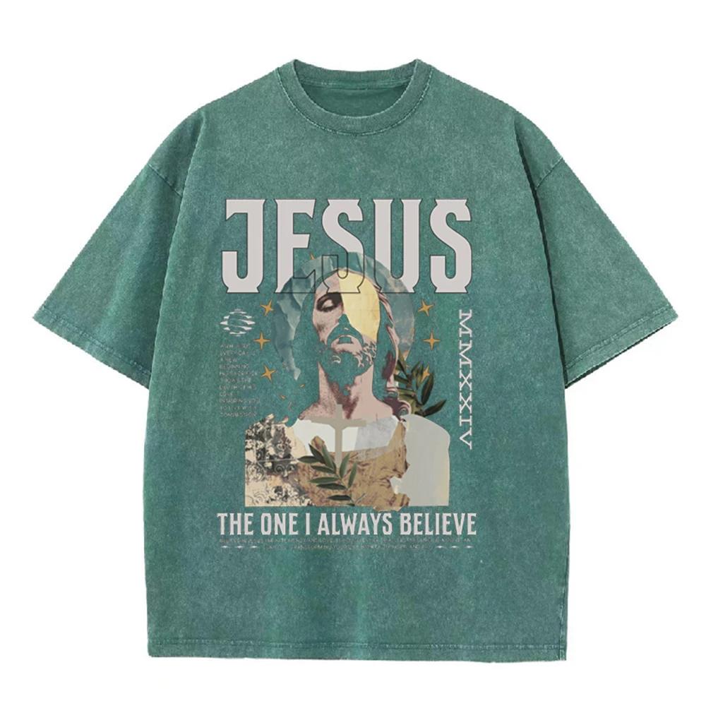 2026 Vintage Washed Black Jesus Portrait Graphic T Shirt Retro Faith Letter Print Oversized Casual Short Sleeve Tee