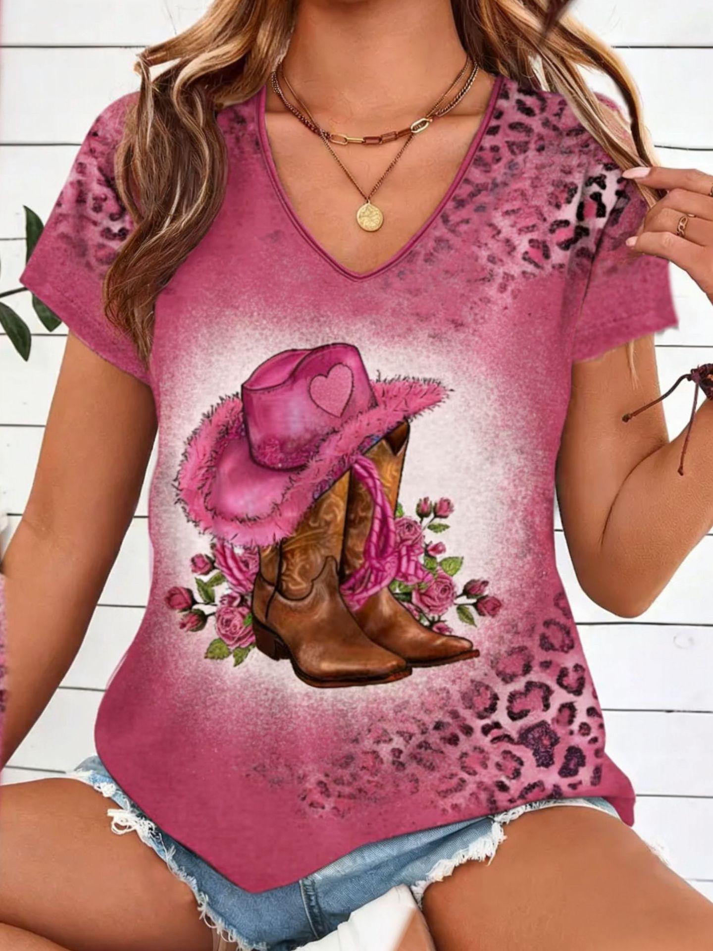 2026 Spring/Summer Floral V-neck Casual T-shirt 1XL