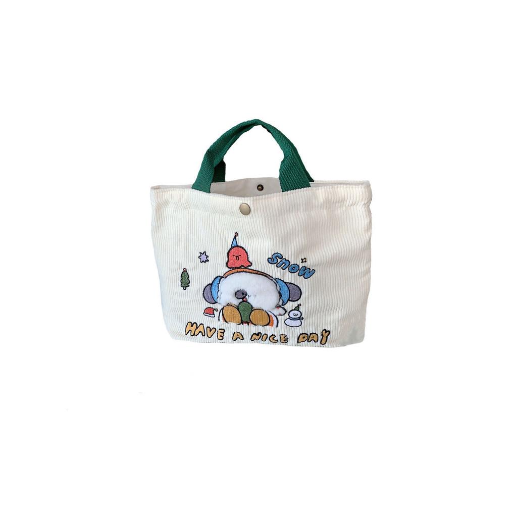 Spacious Corduroy Handbag With Cute Cartoon Embroidery Ideal For Everyday Use