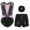 Dívčí 3dílná taneční souprava Bez rukávů Metalické leotard Křížená záda Kamínky Barevně blokovaný design se šortkami Čelenka