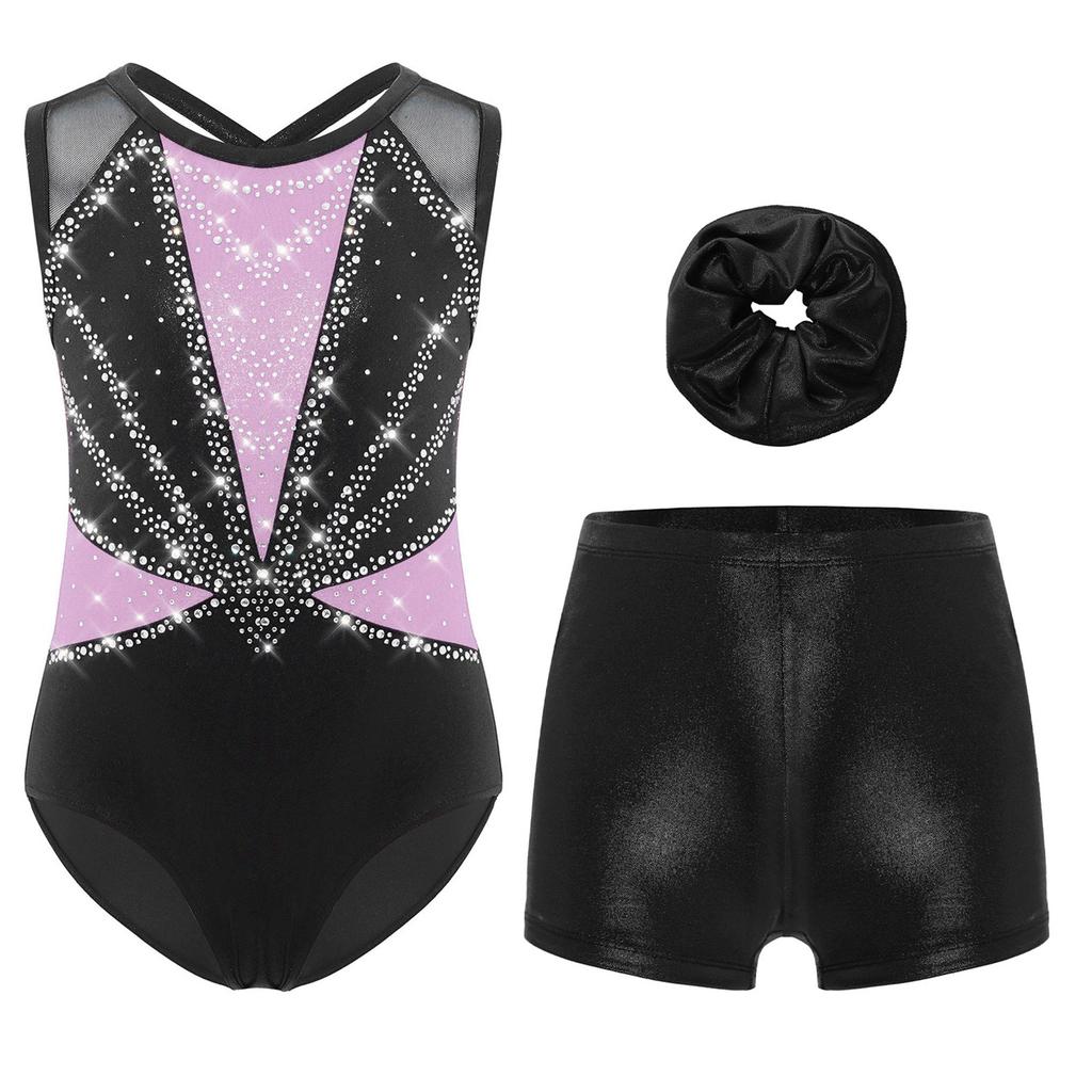 Girls 3 Piece Dance Set Sleeveless Metallic Leotard Criss Cross Back Rhinestones Color Block Design with Shorts Hairband
