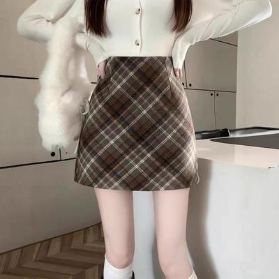 2025 Plus Size Retro Plaid Wool Blend High Waisted A-line Mini Skirt for Women