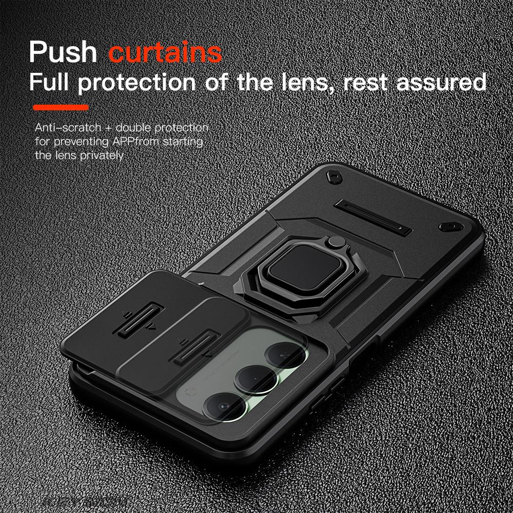 KEYSION Shockproof Armor Case for Redmi 15 169.5mm 171mm Slide Camera Lens Protection Metal Ring Stand Phone Cover for Redmi 5G