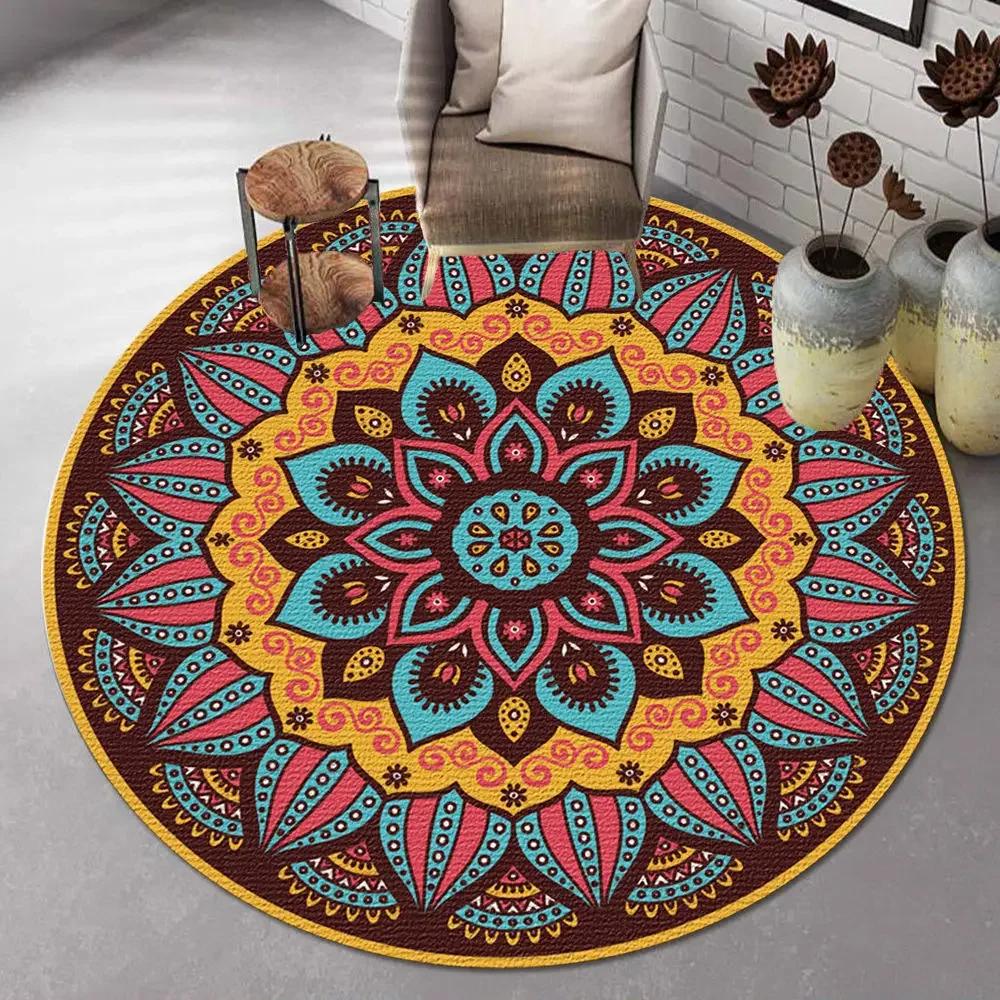 Bohemian Mandala Round Carpet Ethnic Style Vintage Floral Rug Living Room Coffee Table Sofa Mat Bedroom Hanging Basket Chair Mat