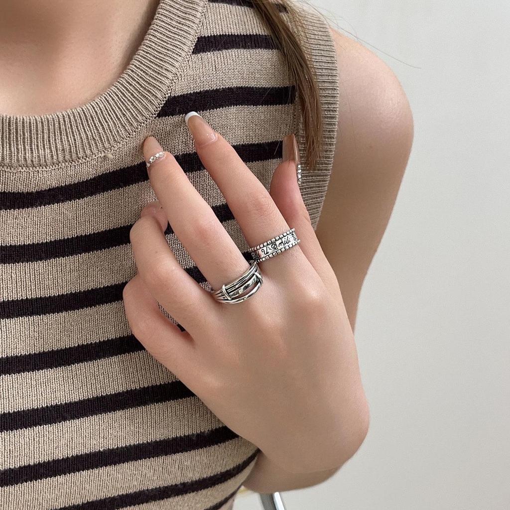 Yinruitai Retro S925 Sterling Silver Adjustable Distressed Letter Ring for Women - Niche Design Index Finger Jewelry