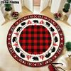 Tribal Border Circle Carpet Wild Black Bear Pine Tree Round Area Rug Non Slip Washable Red Check Plaid Bedroom Decoration