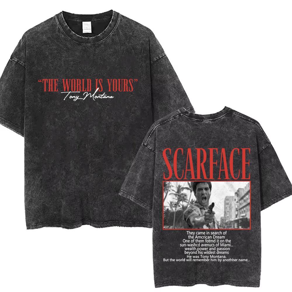Movie Scarface Vintage Washed Tshirt Tony Montana Face Al Pacino Oversized Tshirts Men Women Fashion Hip Hop Gothic T Shirts