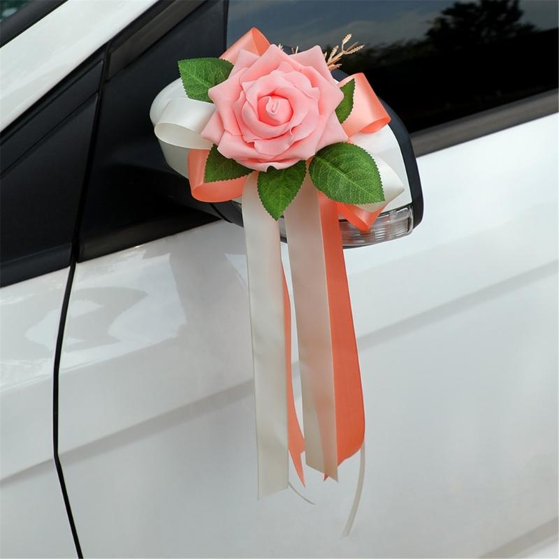 Wedding Rose Ornament for Car Use, Faux Rose Ribbon Accent for Engagement Signs, Party Tables, and Home Display