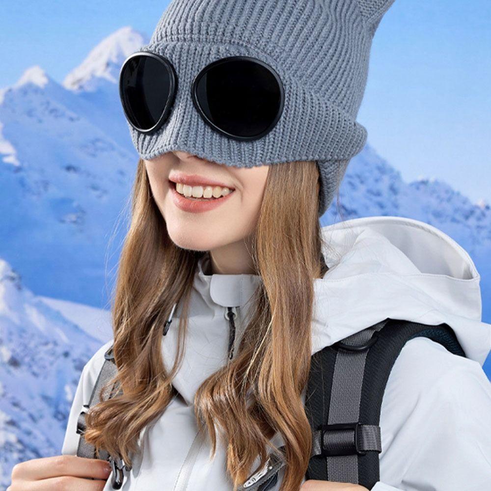 Windproof Winter Glasses Caps Removable Glasses Head Knitted Hat Warm Ski Mask Hats Outdoor