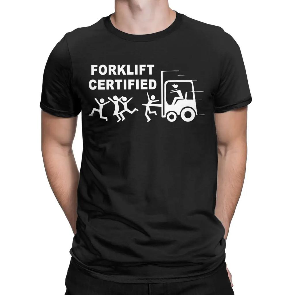 Vtipné tričko pro certifikovaného řidiče vysokozdvižného vozíku pro muže s kulatým výstřihem, 100% bavlněné tričko s krátkým rukávem, grafický potisk