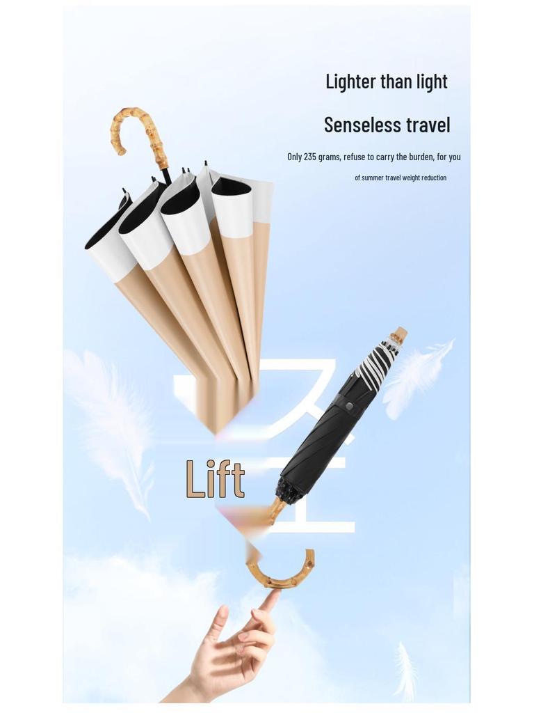 Bamboo Handle Two-Fold Umbrella - Lightweight Black UV Protection and Sunscreen Parasol