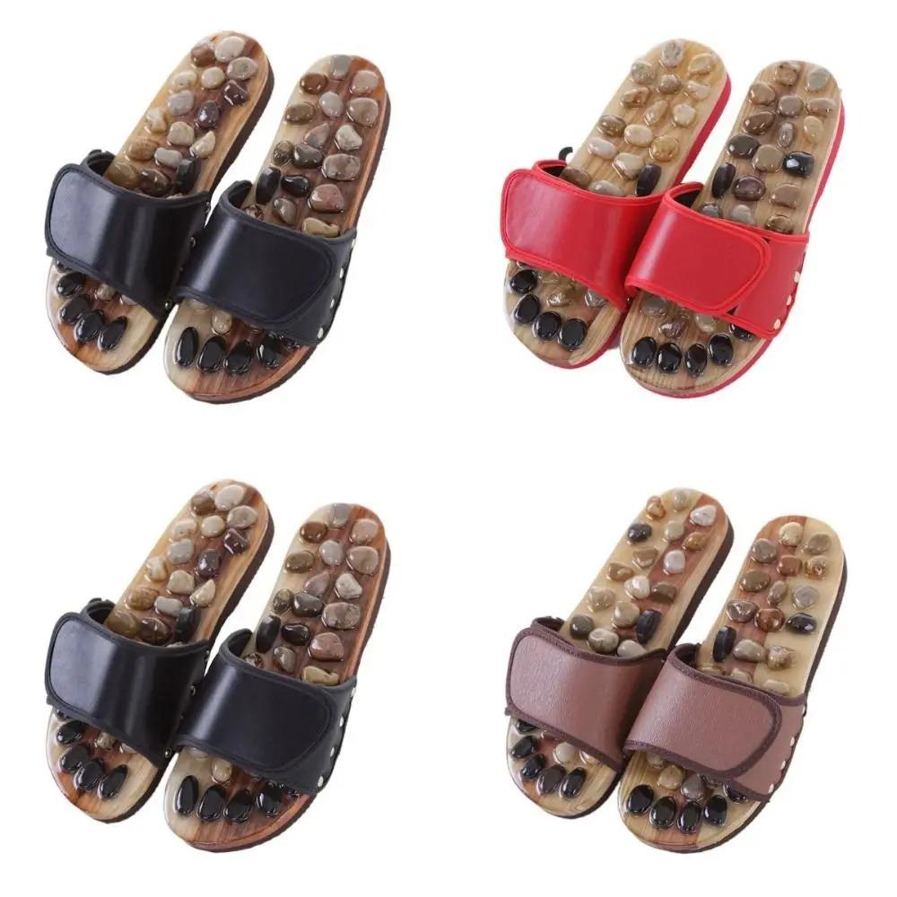 Natural Pebbles Acupressure Massage Slippers Feet Care Rotating Massage Stone Sandals Anti-slip Adjustable Foot Massager Shoes