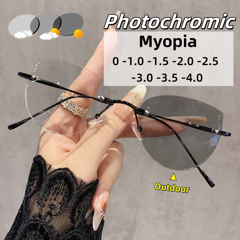 Rimless Cat Eye Photochromic Myopia Glasses Diamond Decor Ultralight High-definition Anti Blue Light Glasses Near Sight Glasses