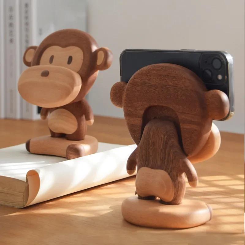 Solid Wood Creative Monkey Mobile Phone Stand Cute Mobile Phone Base Desktop Decoration Decoration Birthday Gift Glasses Stand