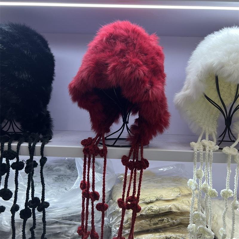 

Модная шапка-лоли из кроличьего меха ручной работы для девочек, осенне-зимняя, тип с широкими полями, для улицы, теплая, с мехом, для снега, для личности M（56-58cm） бордовый