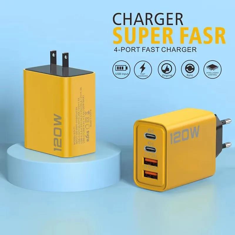 120W 4-Ports USB Type-C Charger Fast Charging Data Cable USB Phone Charger Adapter For Xiaomi IPhone17 16 15 Huawei Wall Charger 4