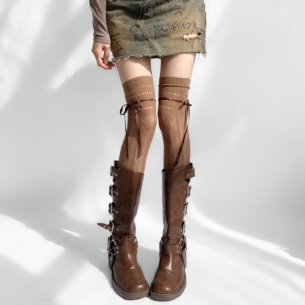 Spring And Autumn Maillard Straps Ultra-Thin Hollow Rhombus Mesh Socks Women'S Knee Socks Lace Spice Girls Stockings Pile Stockings