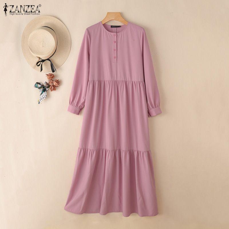 ZANZEA Women Round Neck Long Sleeve Loose Casual Muslim Dress