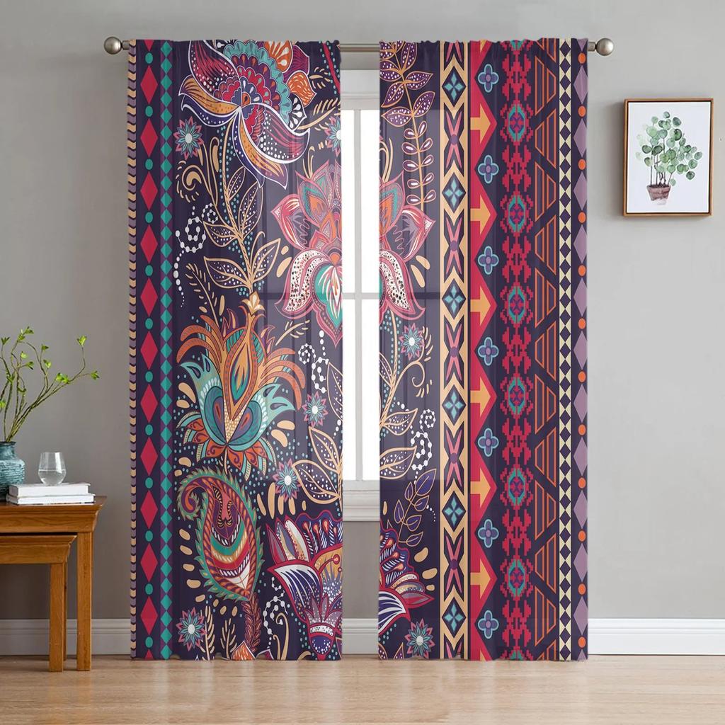 Indian Floral Paisley Tulle Curtains for Living Room Print Sheer Voile Curtain Bedroom Window Screening Drapes Blinds Home Decor