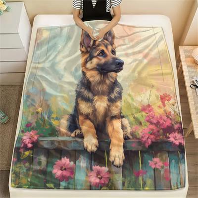 Flower Fence Dogs  Print Flannel Blanket, High Quality Comfortable for All Seasons, Home Decor, Warmth and Comfort