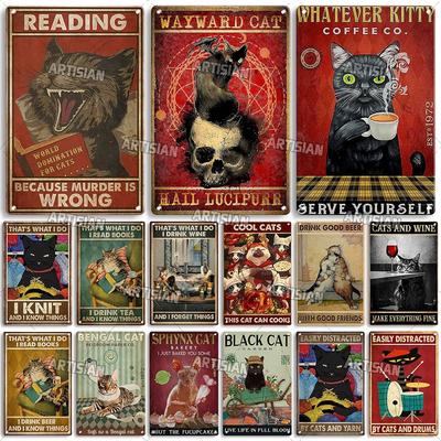 Artisanisches Tier Schwarze Katze Retro Metallposter Lustiges Haustier Vintage Dekorative Blechplakette Garage Bar Pub Club Man Cave Wanddeko