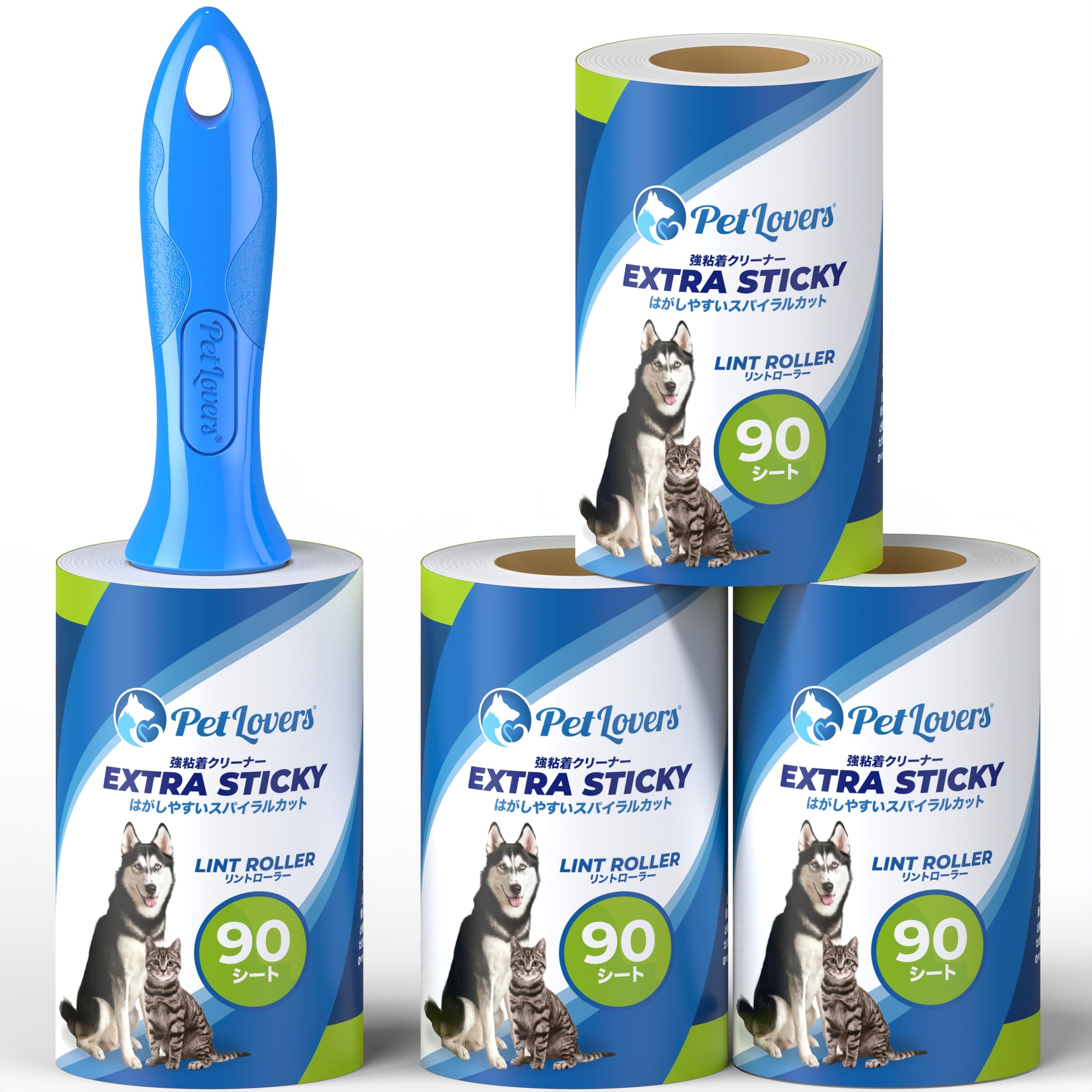 

PetLovers Strong Adhesive Roller Set of 4 Roller 3 Refills 360 Sheets Diagonal Easy to for Removing Pet Dog and Cat Lint Roller Cleaner, (1 + - синий