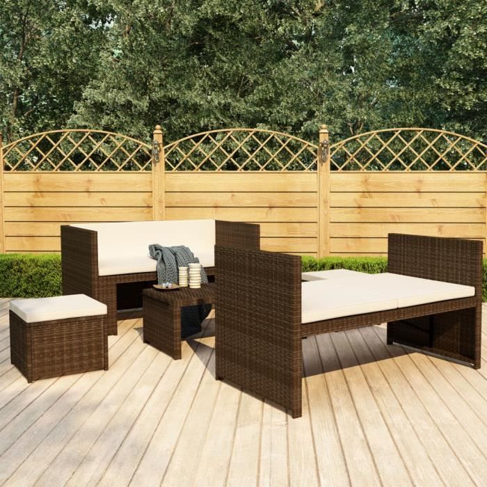 Salon de jardin 5 pièces avec coussins - Marron - 130 x 70 x70 cm