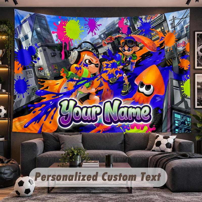 Wall Hanging Tapestry Custom NameSplatoon Pattern Personalized Printed Fabric Wall Decor