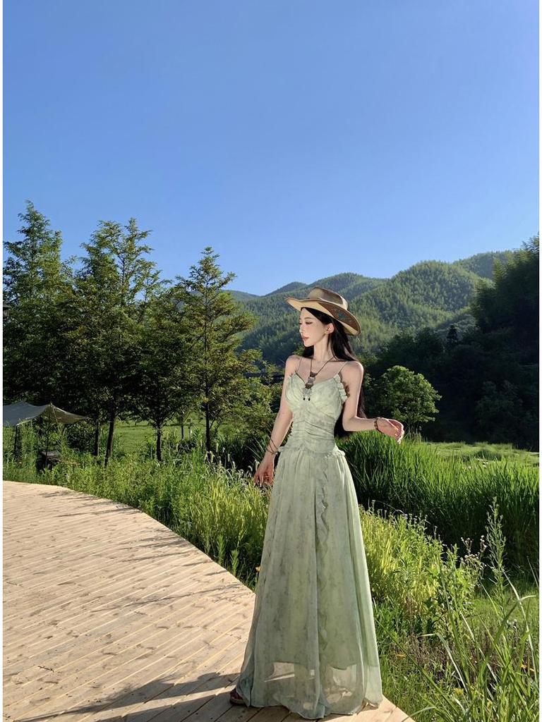 Women's Mint Green Floral French-Style Suspender Dress with Ruffle Waist