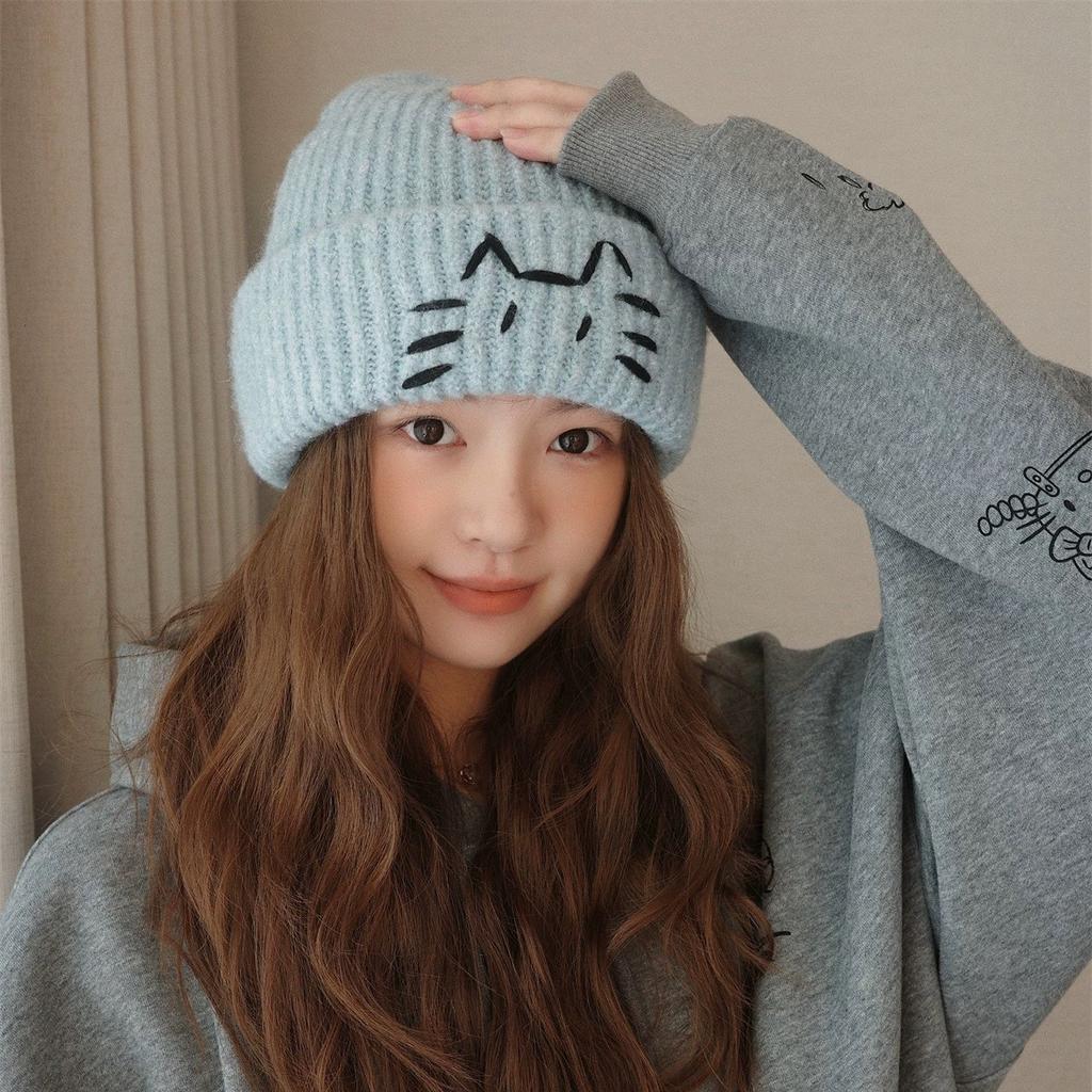 Line Kitten Cute Woolen Hat for Women in Autumn and Winter Warm and Windproof  Versatile Simple Ear Protection Hat Knitted Hat  Cold Hat