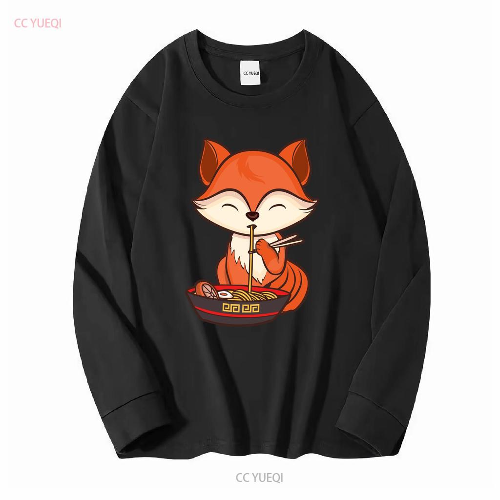 Fox Eating Ramen Kawaii T Shirt Japanese Cute Lovely Long or Short Sleeves Vintage Washed Unisex Casual Slightly Versatile