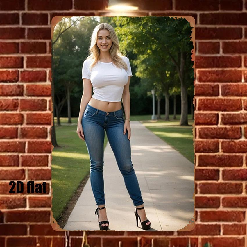 Mfoever Tin Sign Gorgeous Busty Blonde Model In White Crop Top Blue Skinny Jeans Posing Outdoors In Park Vintage Metal Tin Sign Retro Iron Pai