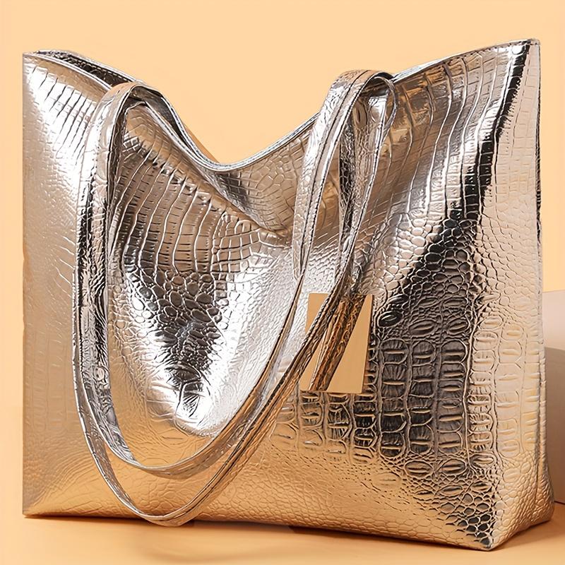 

2026 New Women s Large Capacity Tote Bag PU Leather Crocodile Print Shoulder Handbag for Work Shopping 29X9X33cm срібний