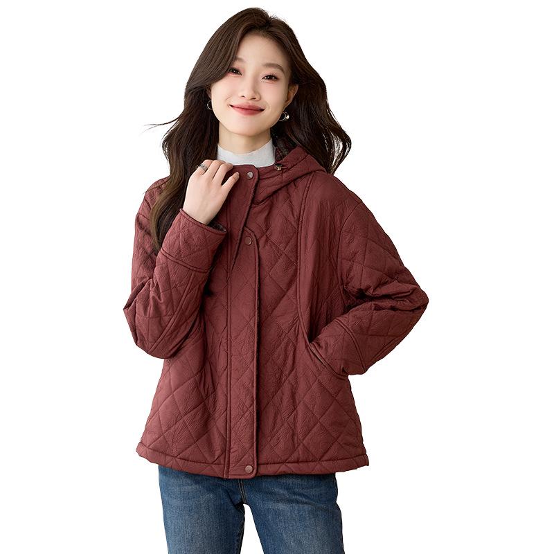 Women's 2024 Diamond Quilted Cotton Hooded Jacket - Autumn/Winter Short Fashion Plaid Patchwork Lightweight Coat