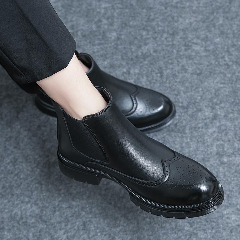 Fashion Men Business Ankle Boots Black Brown Thick Bottom Wear Resistant One Step Business Fashion Brand Cher Boots Size 38-46 Men Boots