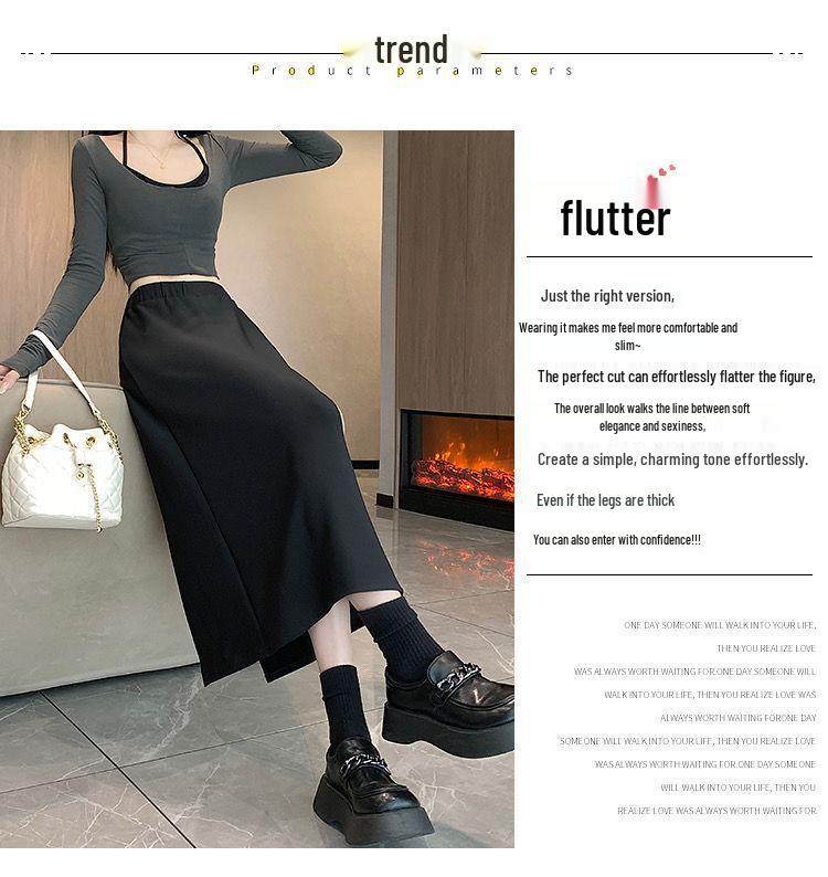 Black Wool Blend Women's High Waist A-Line Skirt - Autumn/Winter Korean Style Slimming Mid-Length with Slit and Elastic Waist