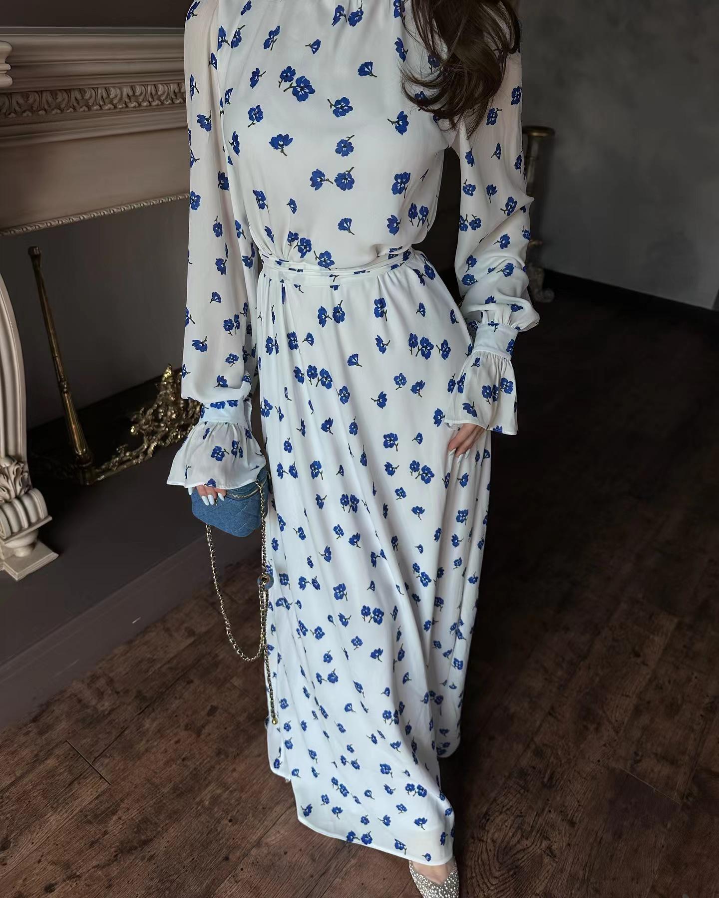 Women s Elegant French Print Satin Tie-up Dress S