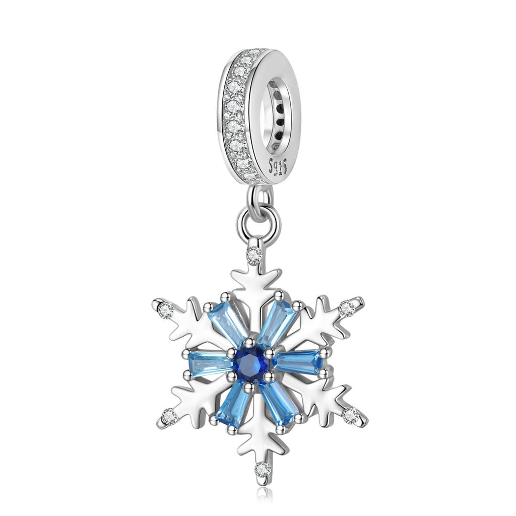 MAGIC CHARM Blue Shining Snow Flower Pendant Christmas S925 Silver Girl Pan Family Bracelet DIY Pendant