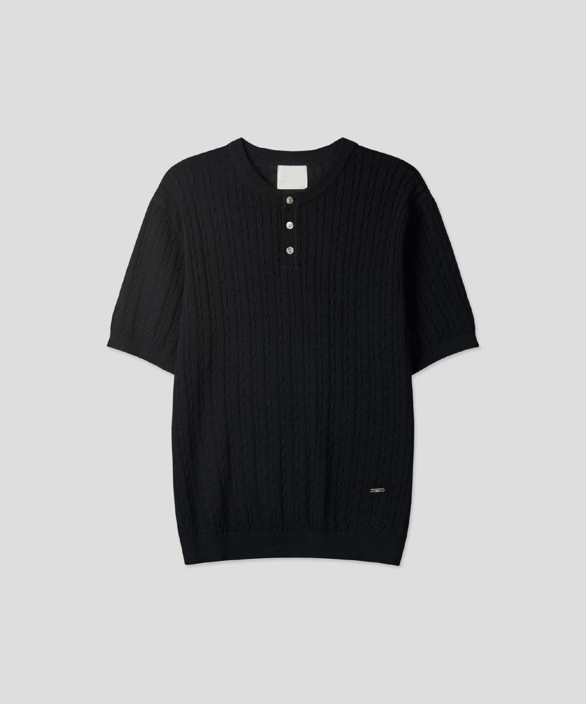 Ssei Standard Cable Henley Neck Short Sleeve Knit Black