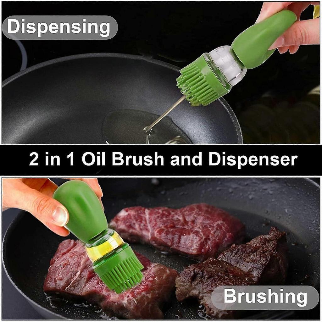Cleaning Brush Green Oil Dispenser with Brush, 2 in 1 Glass Oil Bottle and Silicone Brush, Oil Dispenser Bottle, Pastry Brush for Basting Vinegar Oil