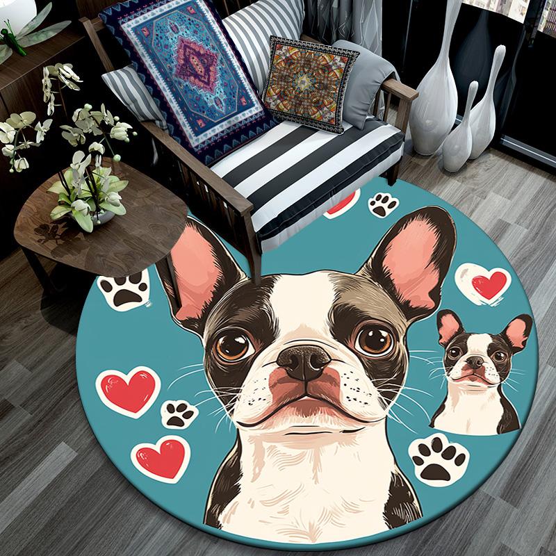 Okrągły dywanik z buldogiem francuskim, Dywanik do salonu, sypialni, przy sofie, pokoju zabaw, Mata podłogowa antypoślizgowa