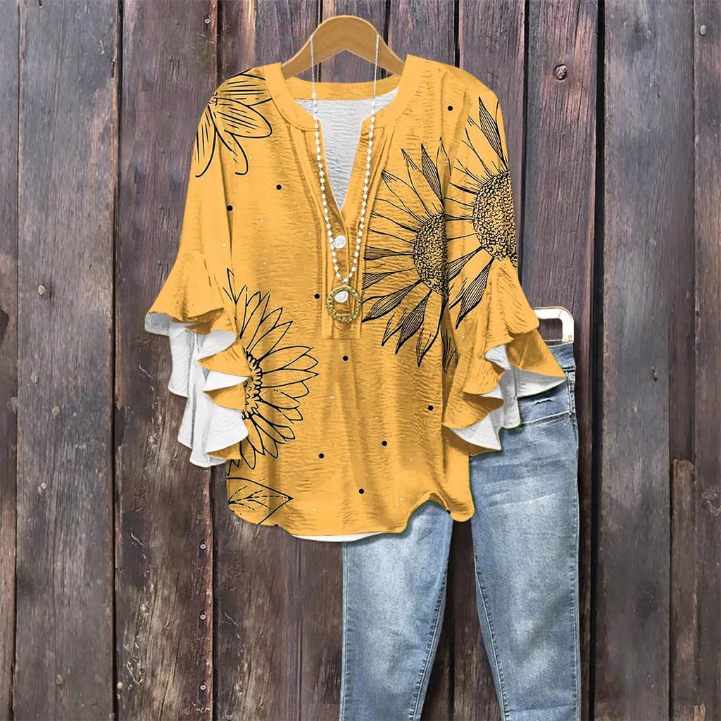 Women's Fashion Casual Button V-Neck Seven Sleeve Vintage Printed Shirt Top