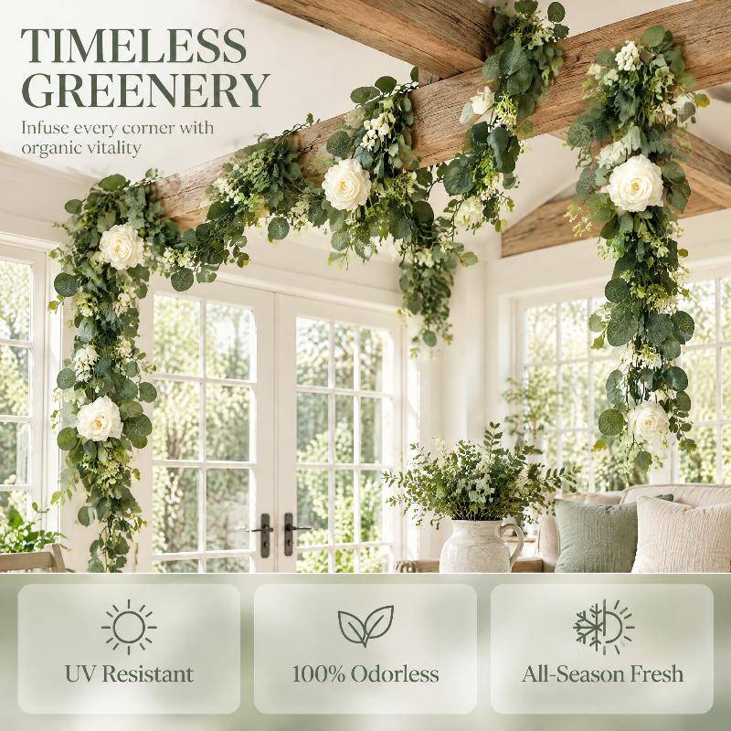 2Pcs Artificial Eucalyptus Vine With White Flowers Faux Greenery Garland For Wedding Arch, Wall And Party Decoration
