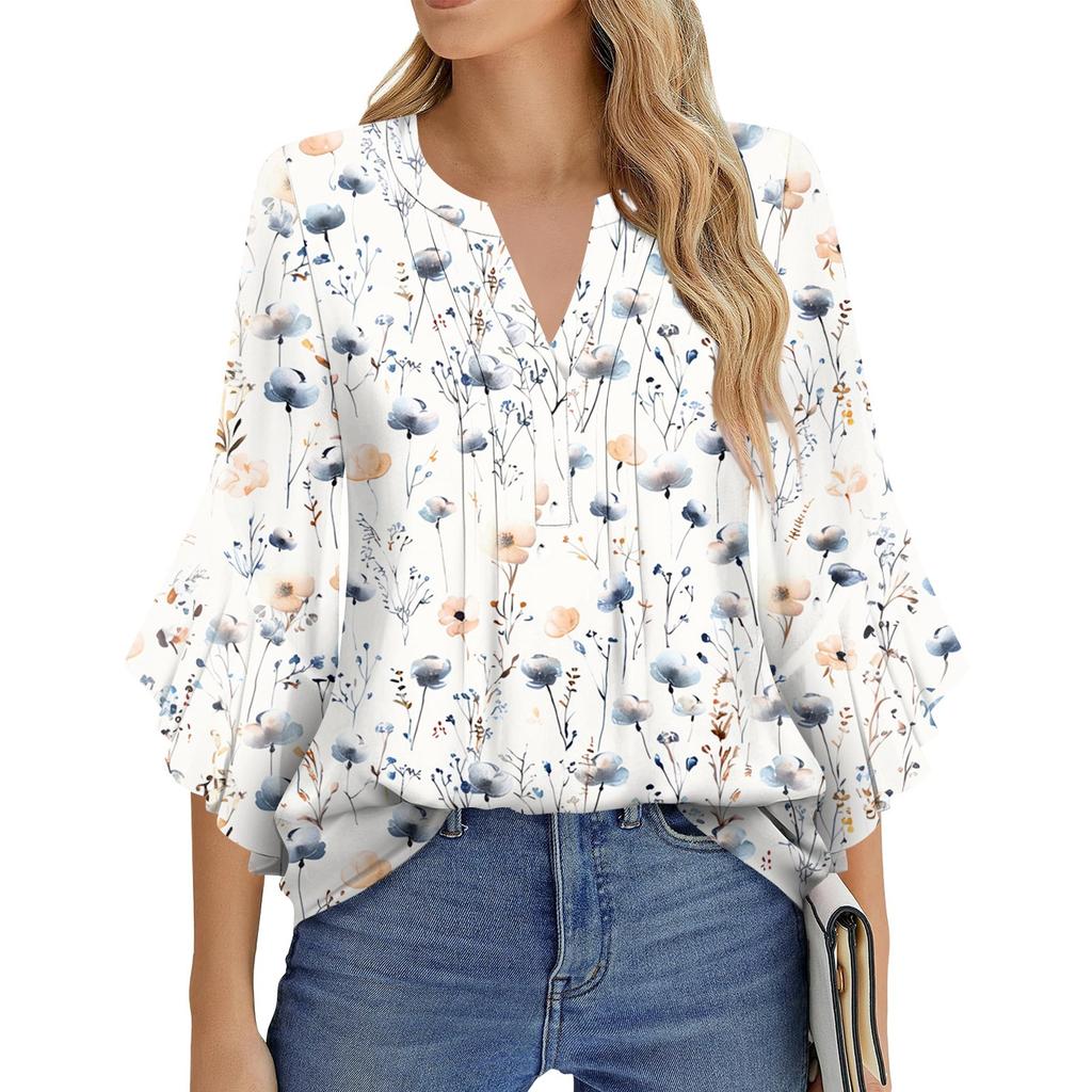 Dámská móda Ležérní plisované tričko s výstřihem do V, jednobarevné, tříčtvrteční rukáv, elegantní top