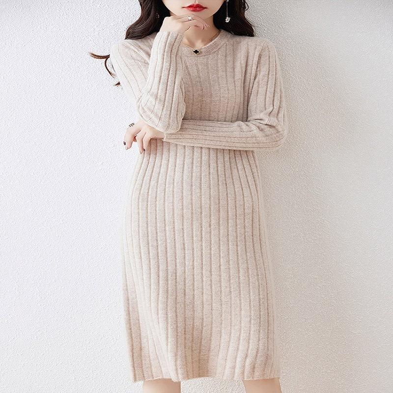 New dress women's autumn and winter long knee sweater skirt slim crew neck knitted bottoming skirt