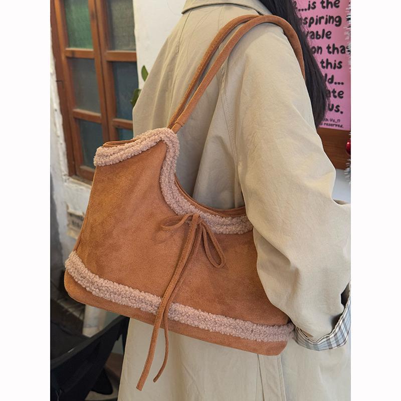 Vintage matte lamb plush tote bag women's new large-capacity bow shoulder bag commuter armpit bag