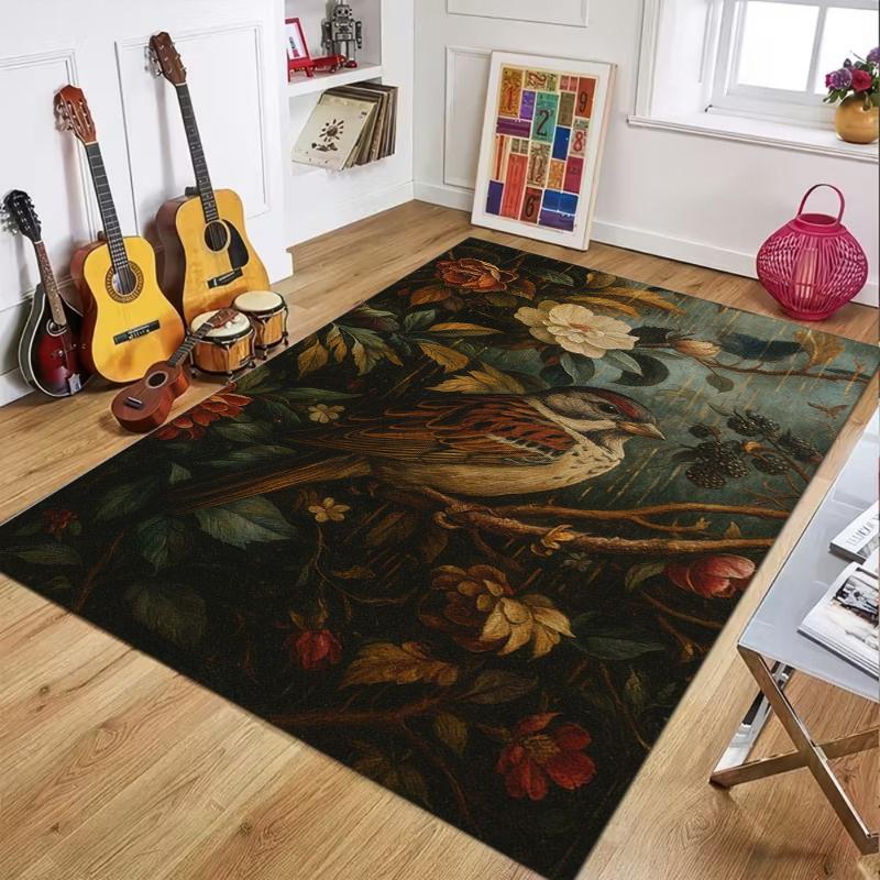 

Artistic Bird & Floral Rug Black Base Vibrant Flower Print Non-slip Washable Durable Floor Mat for Living Room Bedroom Decor 40X60cm