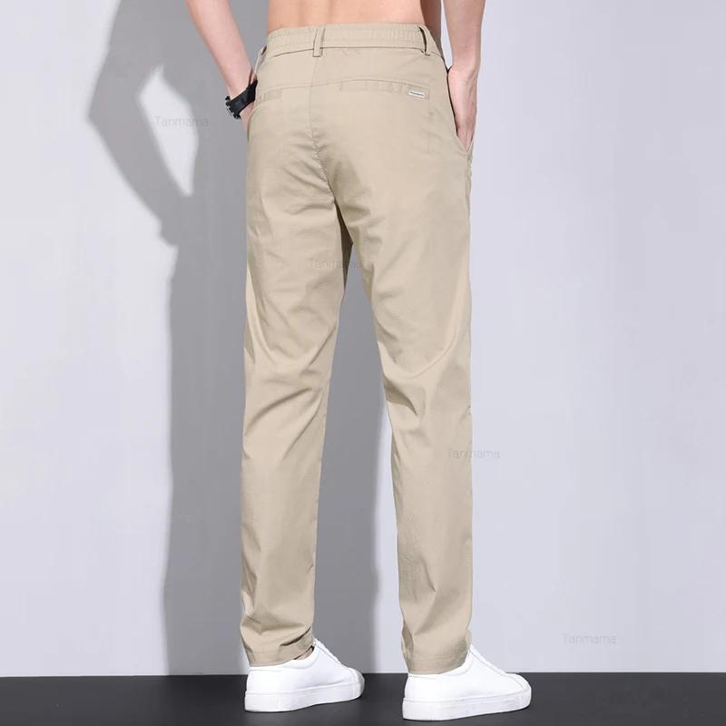 Ultra-thin Elastic Men's Casual Pants Summer Ice Silk Cotton Fashion Slim Straight Business Trousers Black Gray Khaki